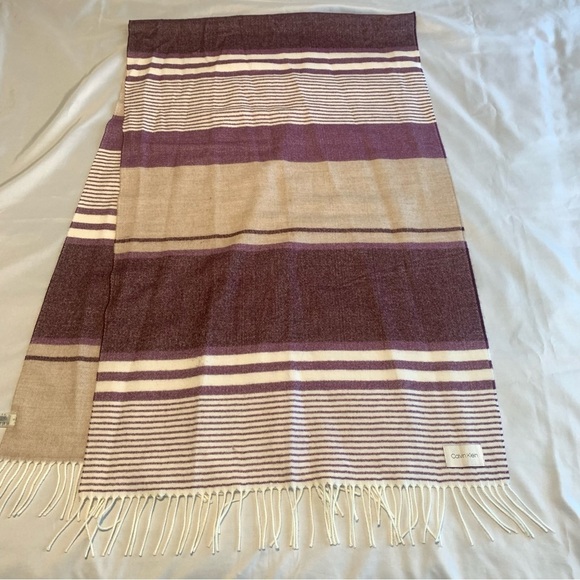 Calvin Klein CK Plum Wine Tan Stripe Oversized Scarf Blanket Shawl SOFT 78x24” - Picture 10 of 16